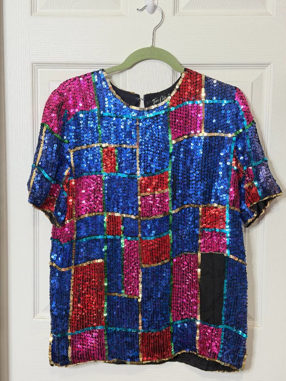 Vintage Geometric Sequined Short Sleeve Silk Top- Tan Chho L
